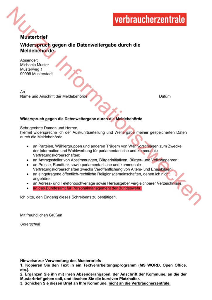 Widerspruch gegen die Datenweitergabe durch das Meldeamt