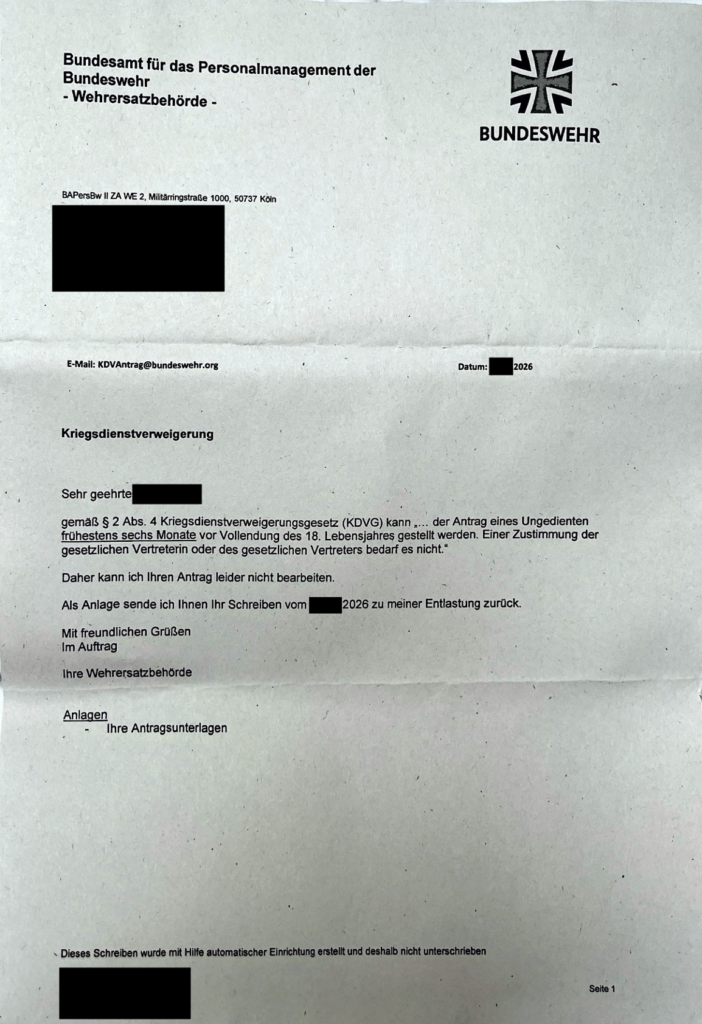 Brief der Bundeswehr zur Kriegsdienstverweigerung eines Minderjährigen